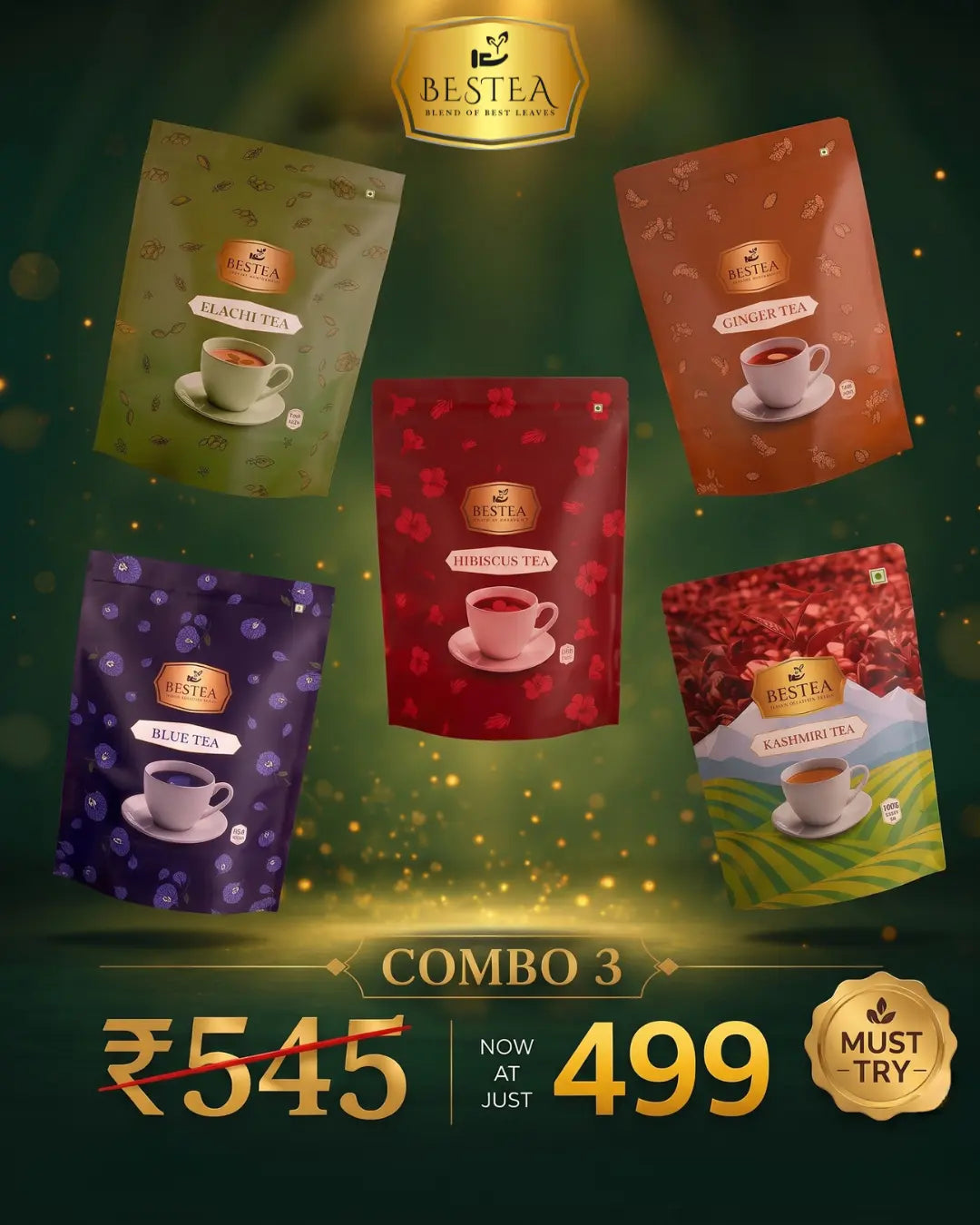 Combo Pack 3: Elachi Tea, Ginger Tea, Hibiscus Tea, Blue Tea, Kashmiri Tea