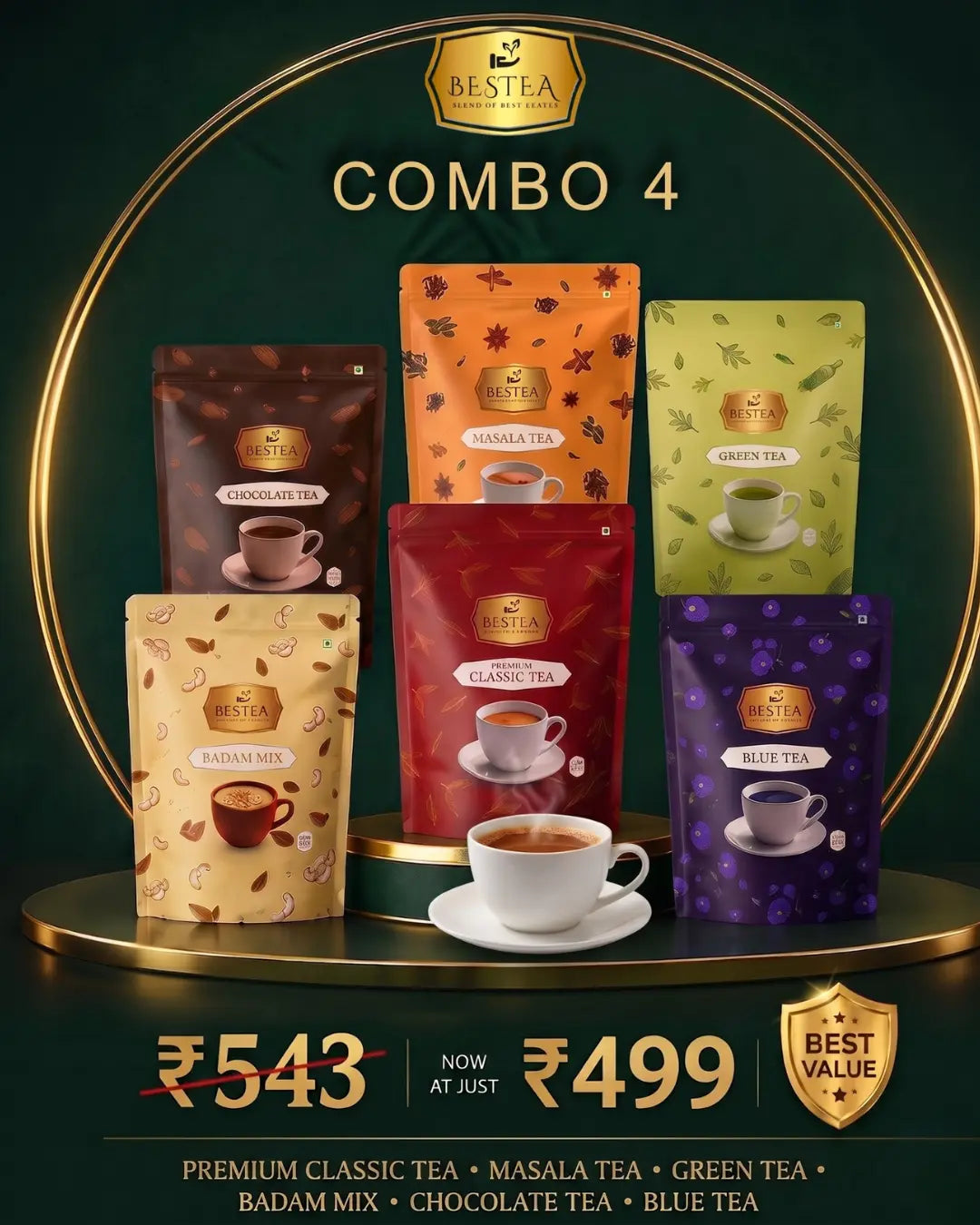 Combo Pack 4: Premium Classic Tea, Masala Tea, Green Tea, Badam Mix, Chocolate Tea, Blue Tea