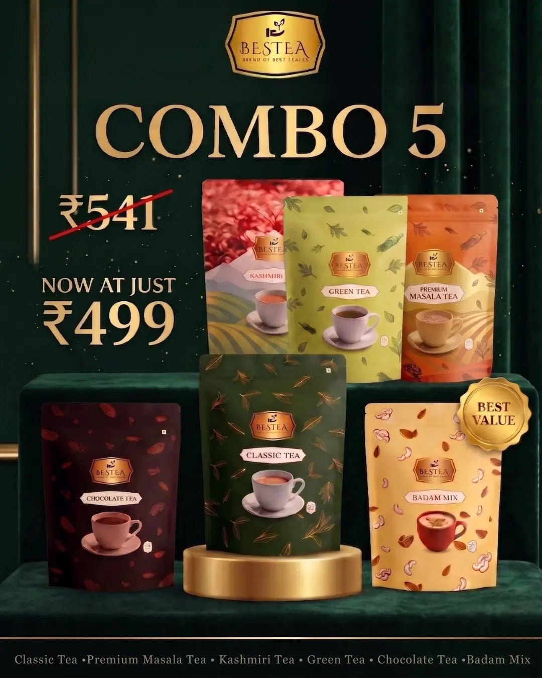 Combo Pack 5: Classic Tea, Premium Masala Tea, Kashmiri Tea, Green Tea, Chocolate Tea, Badam Mix