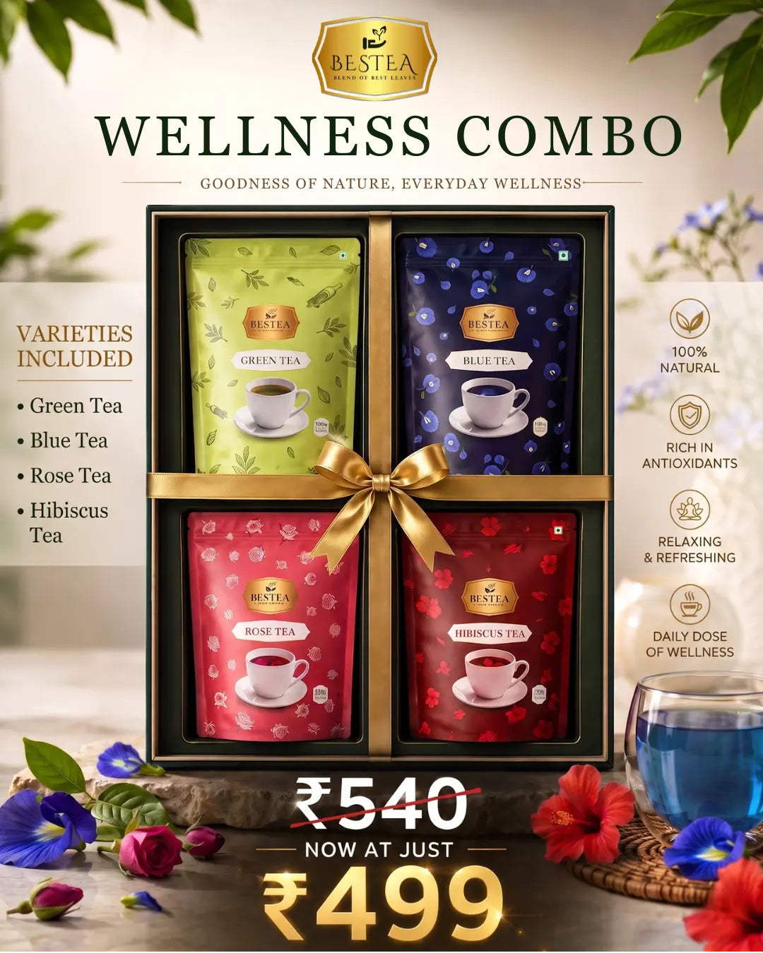 Wellness Combo: Green Tea, Hibiscus Tea, Rose Tea, Blue Tea