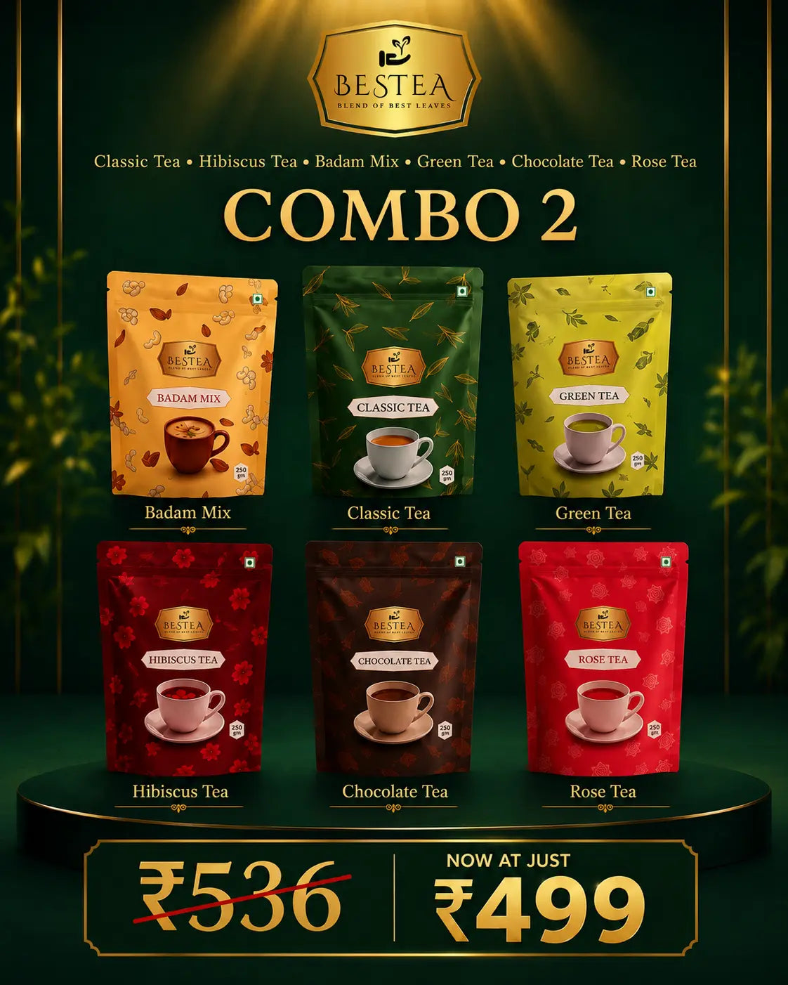 Tea Combo Pack 2: Classic Tea, Hibiscus Tea, Badam Mix, Green Tea, Chocolate Tea, Rose Tea