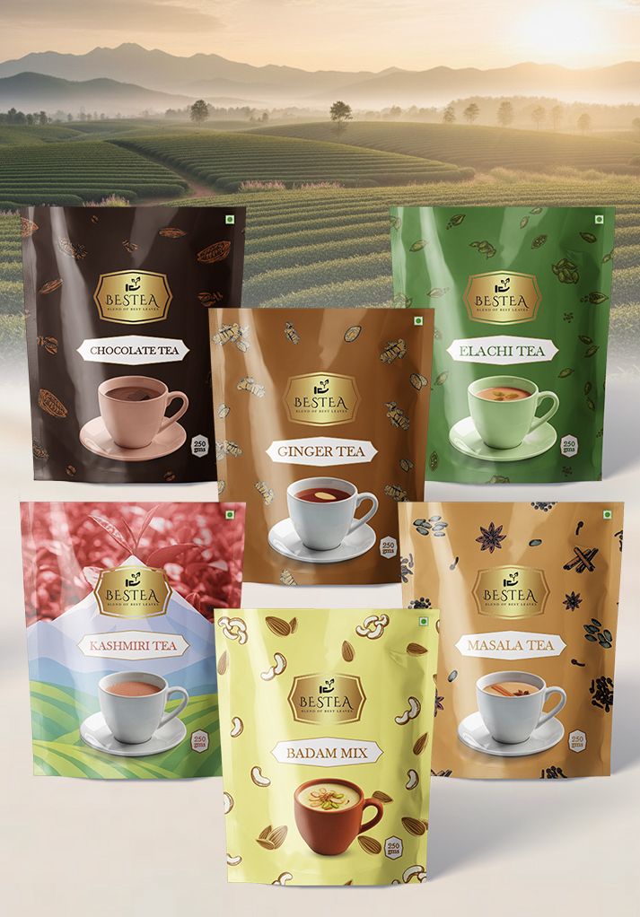 Assorted Tea Varieties Samplers: Badam mix, Masala Tea, Kashmiri, Elaichi, Chocolate, Ginger,