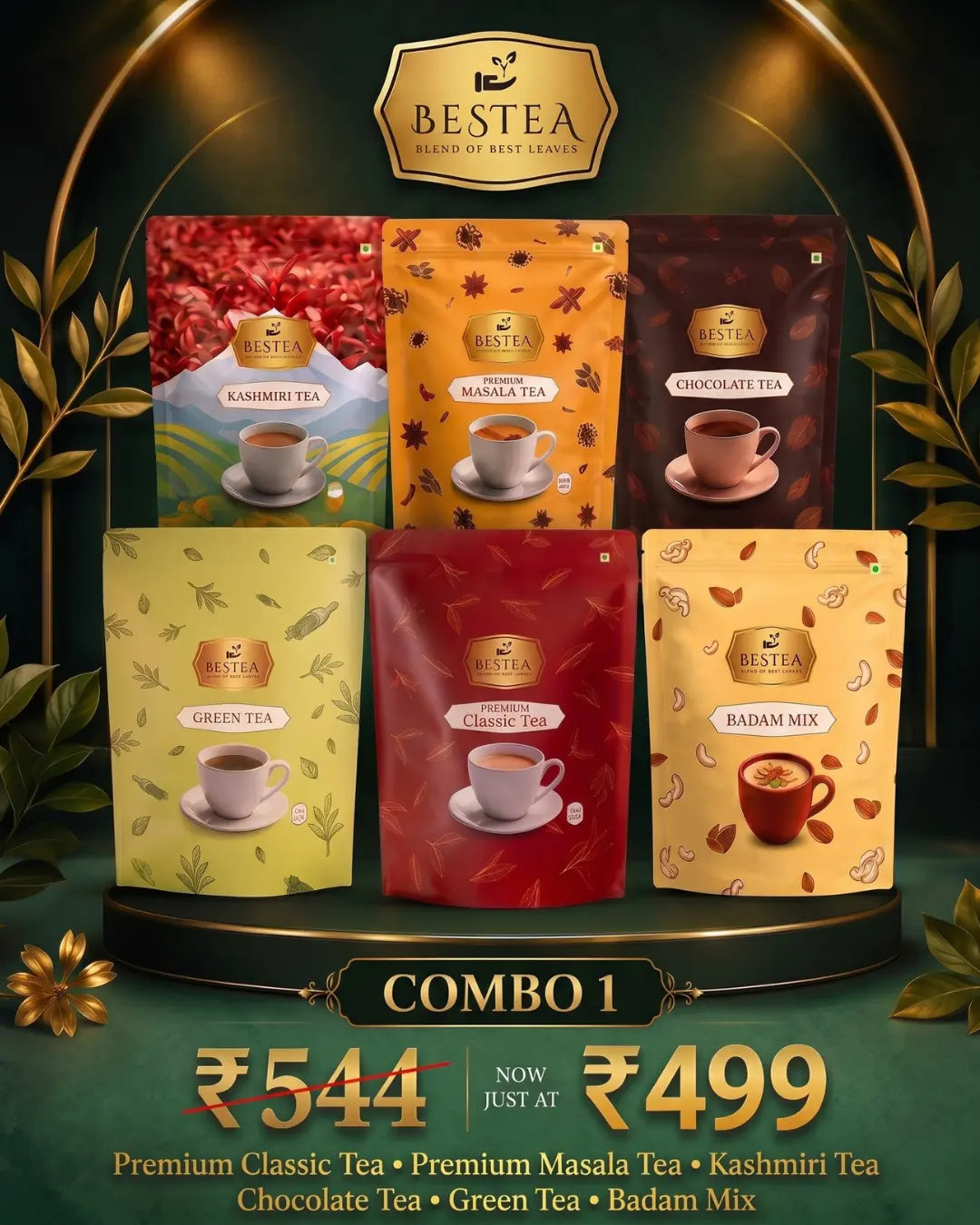 Tea Combo Pack 1: Premium Tea, Kashmiri Tea, Premium Masala Tea, Chocolate Tea and Green Tea