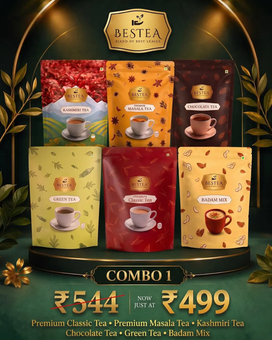 Tea Combo Pack 1: Premium Classic Tea, Kashmiri Tea, Premium Masala Tea, Chocolate Tea, Green Tea and Badam Mix