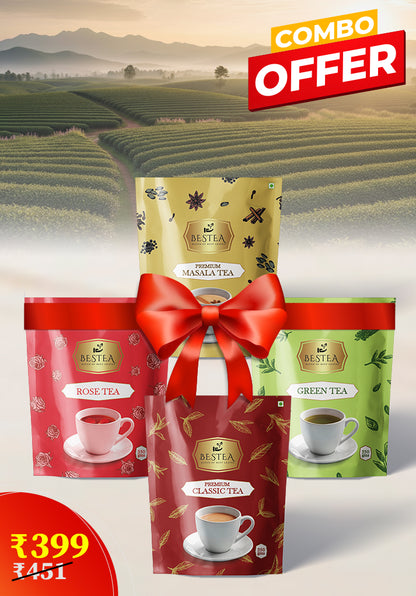 Assorted Tea Varieties Samplers: Premium Classic, Green, Rose, Premium Tea Masala
