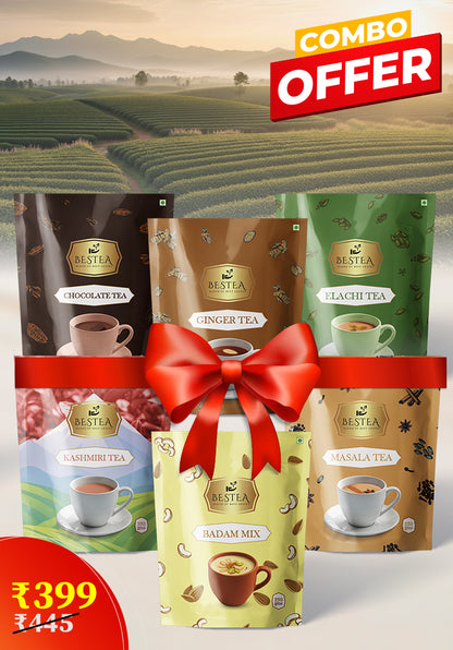 Assorted Tea Varieties Samplers: Badam mix, Masala Tea, Kashmiri, Elaichi, Chocolate, Ginger,