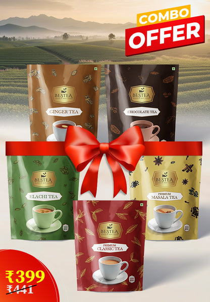 Assorted Tea Varieties Samplers: Premium Classic, Elaichi, Chocolate, Ginger, Premium Masala