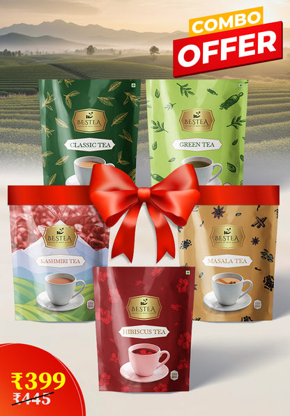 Assorted Tea Varieties Samplers: Classic, Green, Masala, Kashmiri, Hibiscus