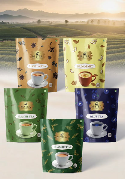 Assorted Tea Varieties Samplers: Classic, Elaichi, Masala, Blue, Badam Mix