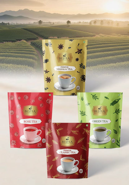 Assorted Tea Varieties Samplers: Premium Classic, Green, Rose, Premium Tea Masala